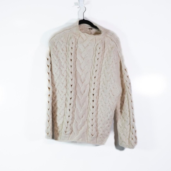 Free People Sweaters - Free People Alpaca Wool Chunky Cable Knit Collarless Pullover Sweater Ivory XS